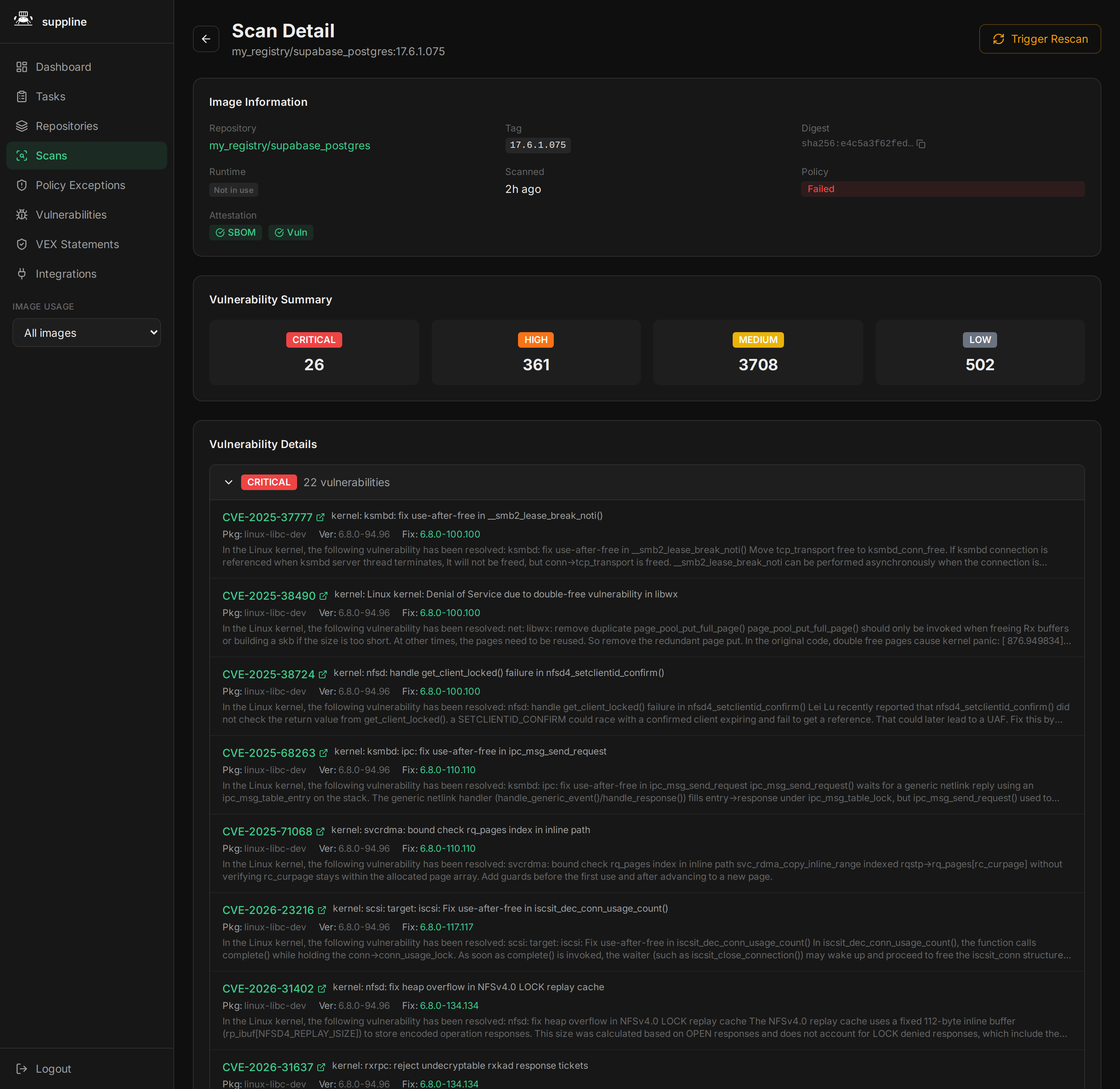 suppline Scan Detail page for a failed image showing SBOM and vulnerability attestations plus critical CVE findings with fix versions